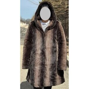 Dennis Basso Faux Fur Coat Women Hooded Brown Soft Plush Winter Coat Size XL